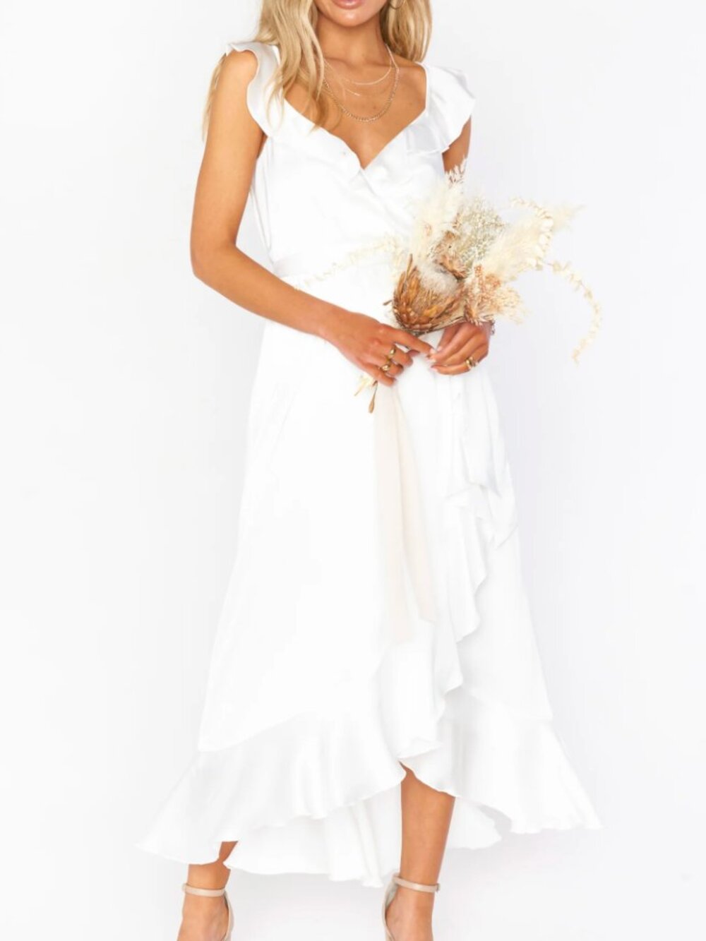 NWT Show Me Your Mumu Samantha Ruffle Wrap Dress - Size Small Ivory Satin
